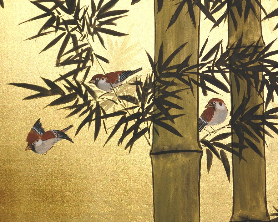 屏風　金箔装飾の花と竹の絵 竹図屏風 - 収蔵美術品 | 横浜 三溪園